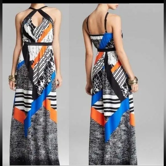 Twelfth St. by Cynthia Vincent Blue Black Orange Abstract Front Cross Maxi Dress - Picture 3 of 10